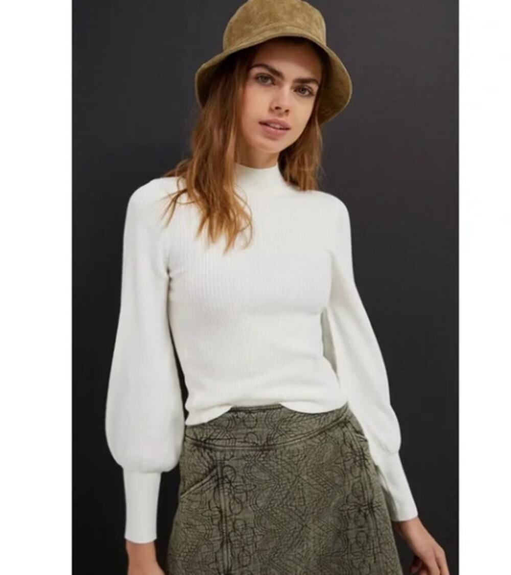 Anthropologie Maeve Mock Neck Balloon Long Sleeved Ivory Sweater XS